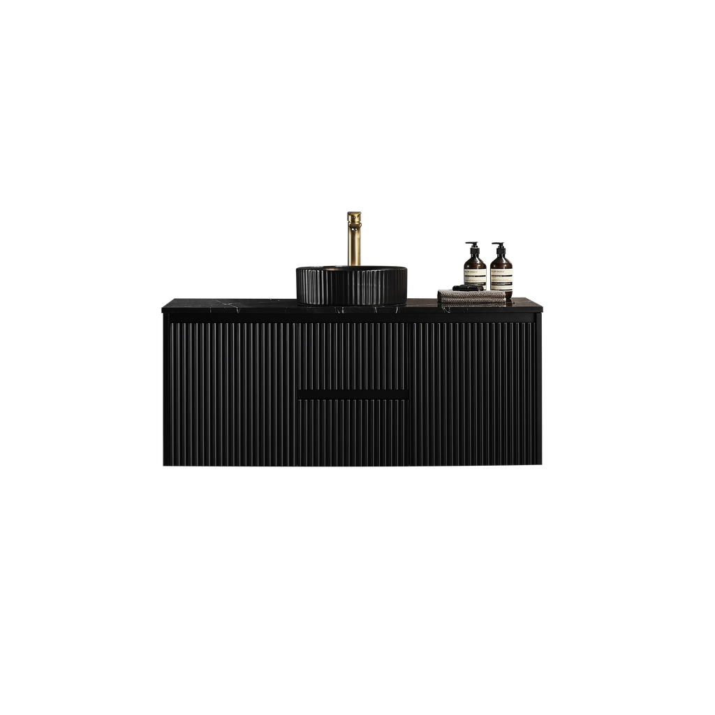 [56615] 1190X455X480mm Matte Black Crete Modern Fluted Wall Hung Vanity PVC Cabinet,Center Drawer