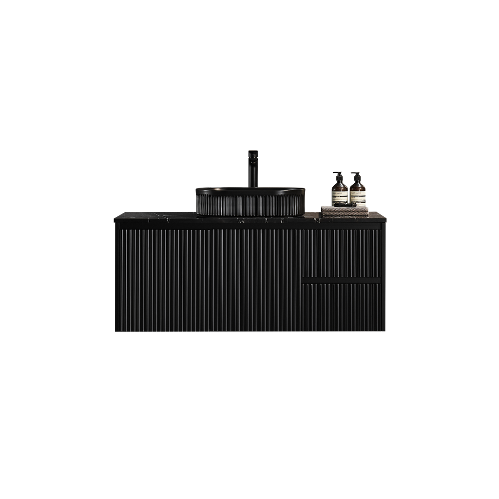 [56614] 1190X455X480mm Matte Black Crete Modern Fluted Wall Hung Vanity PVC Cabinet,Right Hand Drawers
