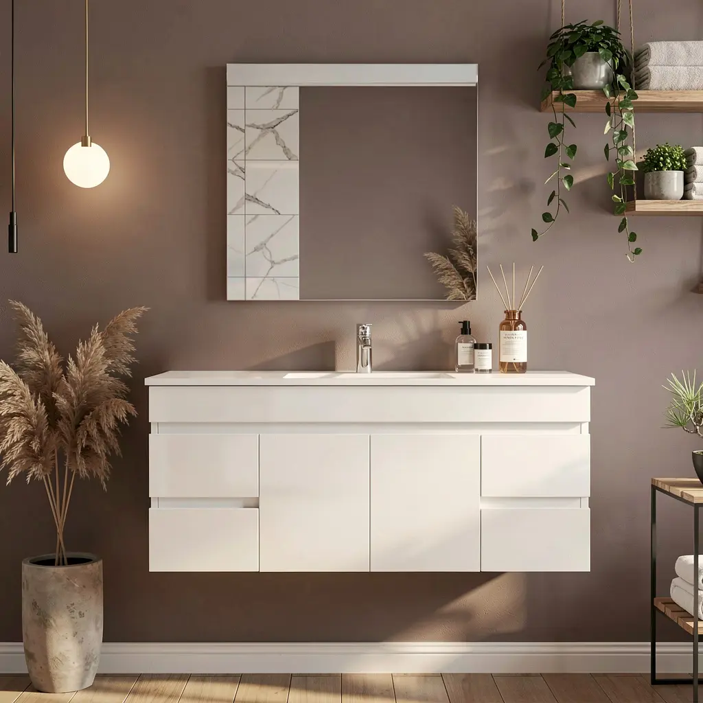 [91024/M124W] 1200Lx500Hx450Dmm Gloss White 2PAC MDF 2M/DR 4S/DW Wall Hung Vanity