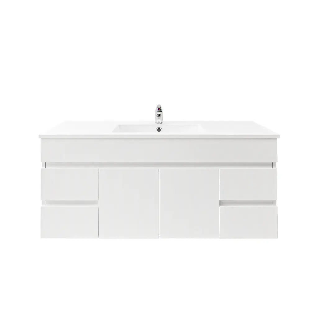 [92024/PVC124W] 1200Lx500Hx450Dmm Gloss White 2PAC PVC 4S/DW 2M/DR Wall Hung Vanity