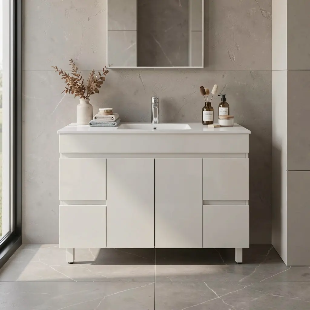 [91022/M124L] 1200Lx830Hx450Dmm Gloss White 2PAC MDF 2M/DR 4S/DW Freestanding Vanity