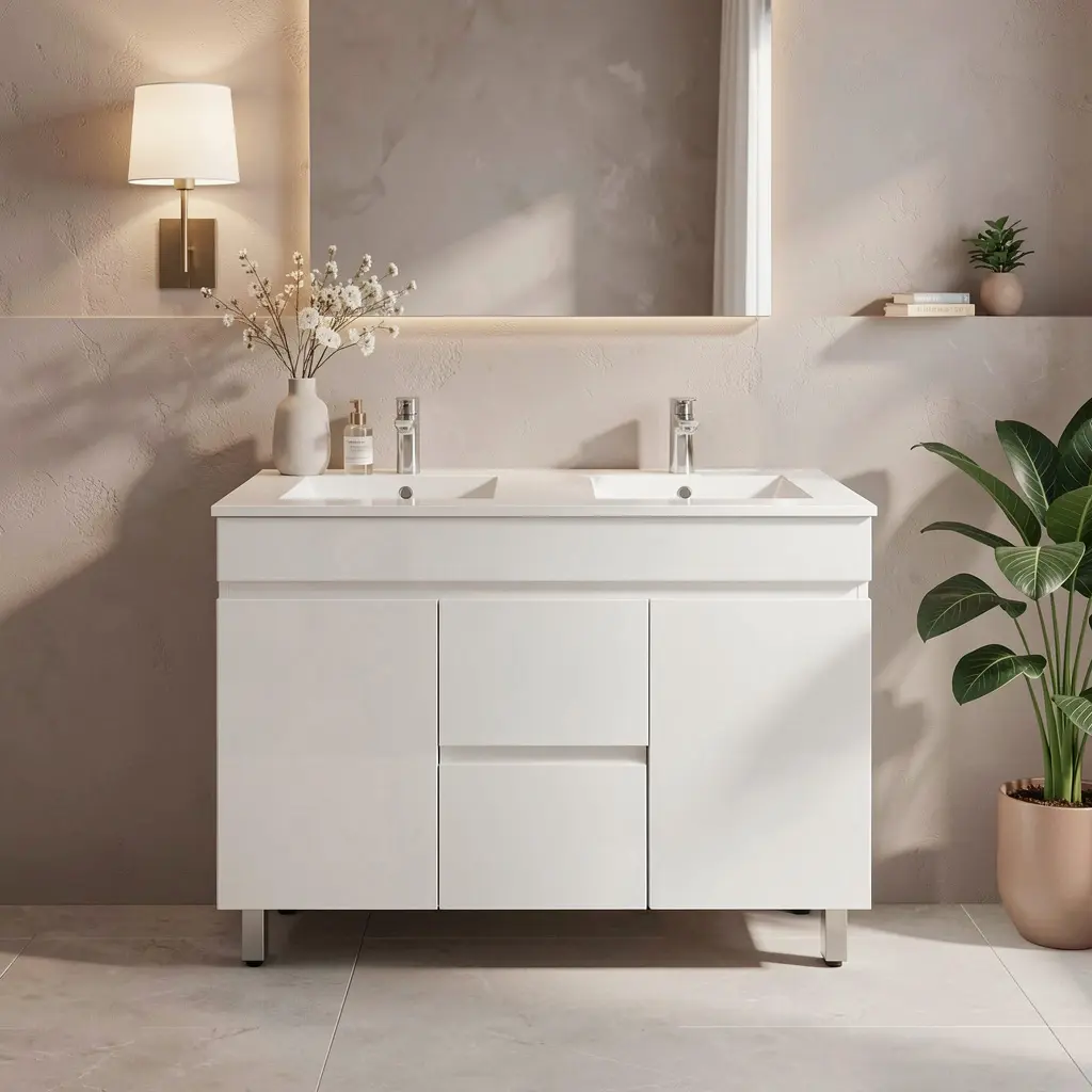 [91023/M124LD] 1200Lx830Hx450Dmm Gloss White 2PAC MDF 2M/DW 2S/DR Freestanding Vanity