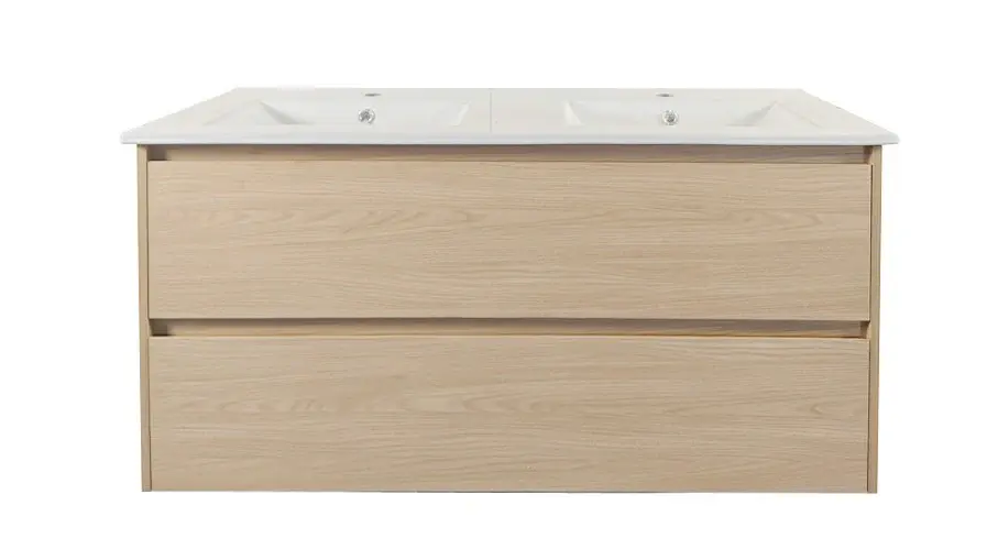 [50745] 1200x460x560mm Hera Tas Oak Wall Hung MDF Vanity With Carrara White Stone Top Two Soft Closing Drawers