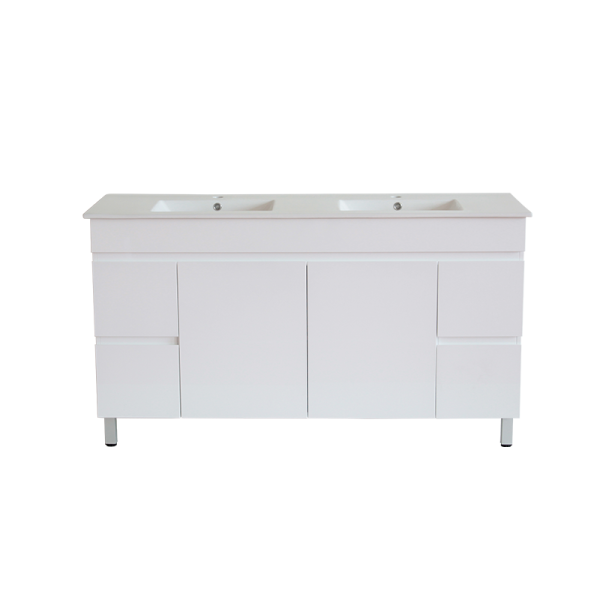 [50515] 1500*450*710mm Freestangding Gloss White PVC Vanity With Double Ceramic Top