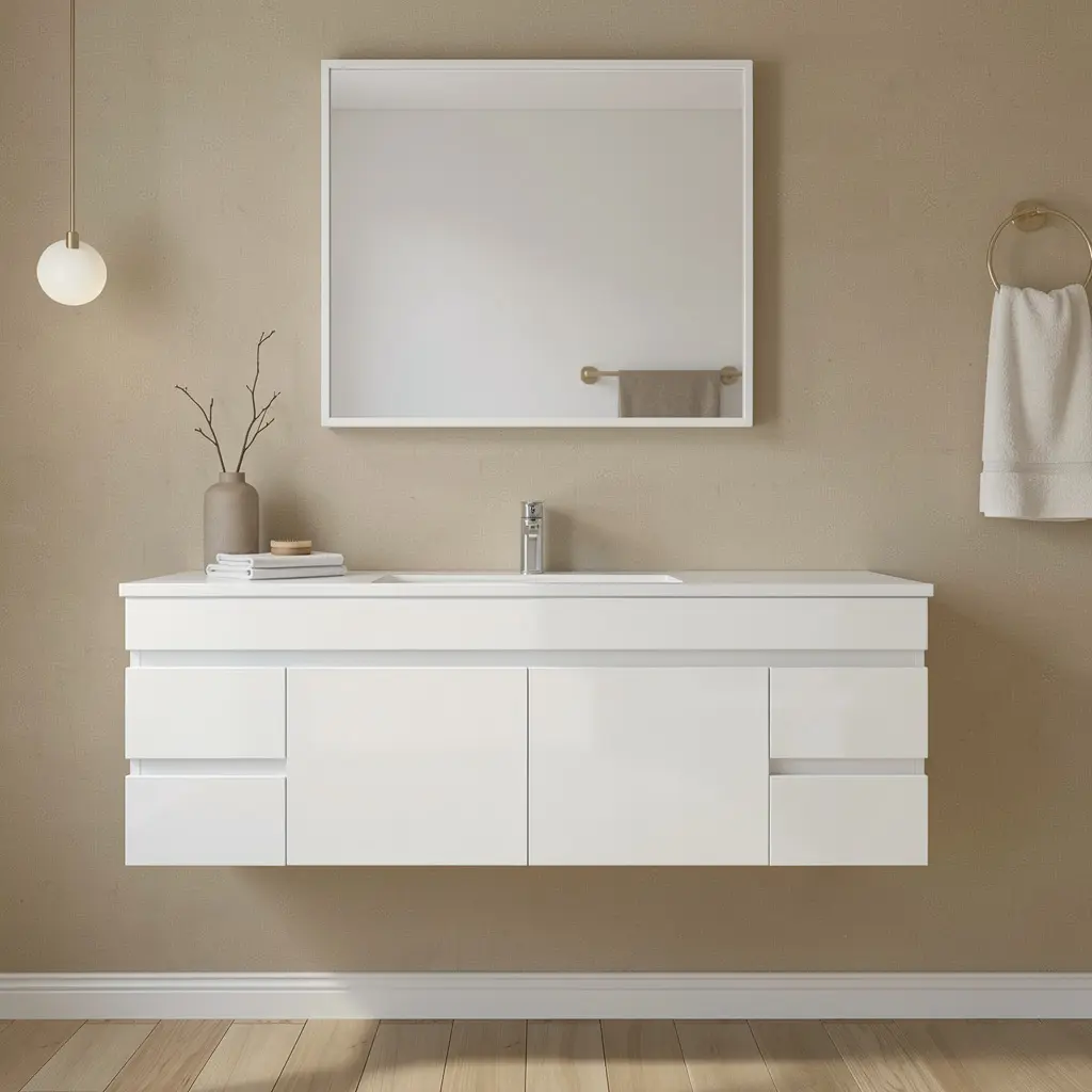 [91027/M154W] 1500Lx500Hx450Dmm Gloss White 2PAC MDF 4S/DW 2M/DR Wall Hung Vanity