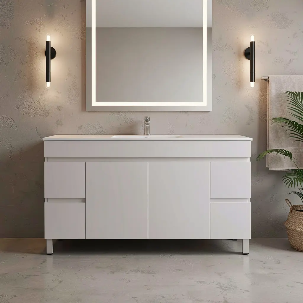 [91026/M154L] 1500Lx830Hx450Dmm Gloss White 2PAC MDF 4S/DW 2M/DR Freestanding Vanity