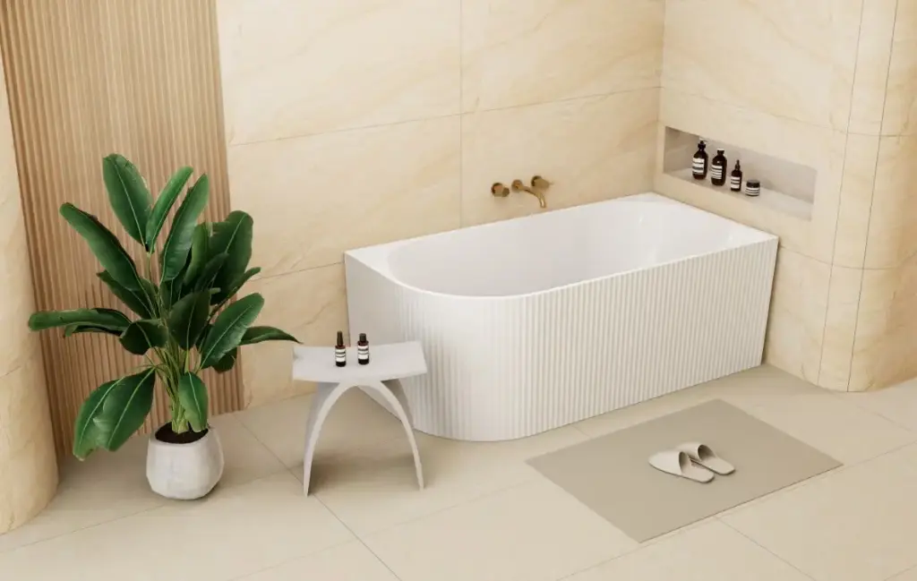 [55648] 1500X750X600mm Matte White Binge Fluted Skirt Bath Right Corner None Overflow 40mm Waste+Pipe Supplied