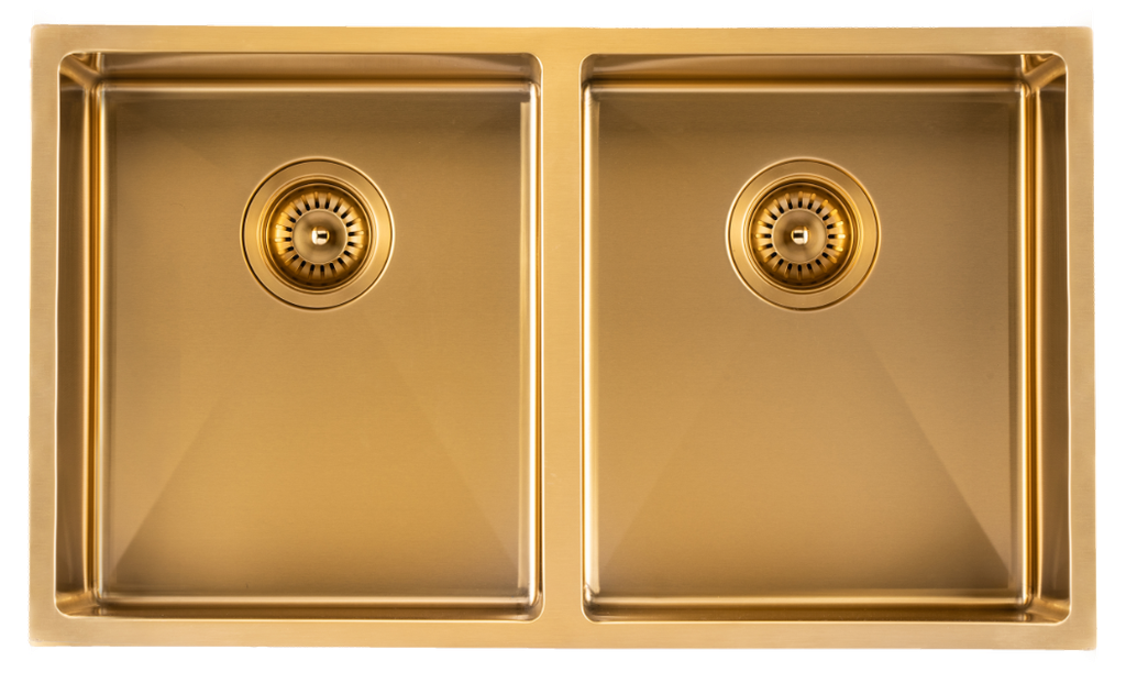 [41196] 304 Stainless Steel Brushed Gold PVD Coating Double Bowl Kitchen Sink(Round Edges,with Bottom Tray)770*450*215mm