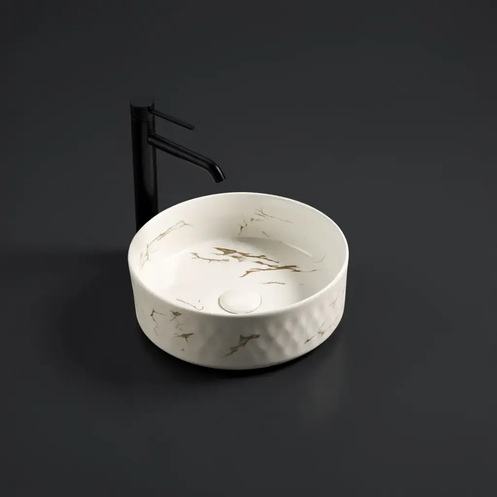 [55486] 345*345*115mm Matte Carrara White Ollia Fine Ceramic Above Counter Basin No Overflow,32mm Waste