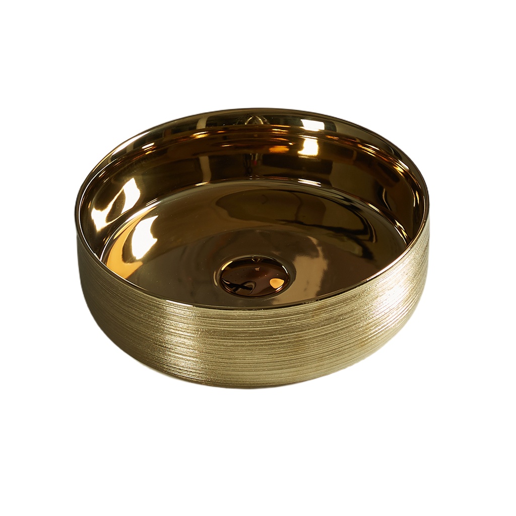 [55483] 345*345*115mm Silky Gold Outside, Yellow Gold Ollia Fine Ceramic Above Counter Basin No Overflow,32mm Waste