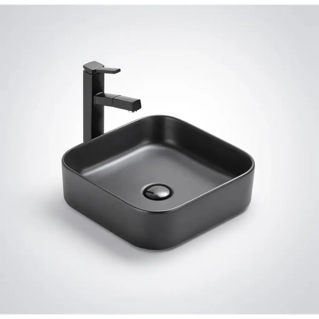 [55450] 370*370*113mm Matte Black Kliff Fine Ceramic Above Counter Basin No Overflow,32mm Waste