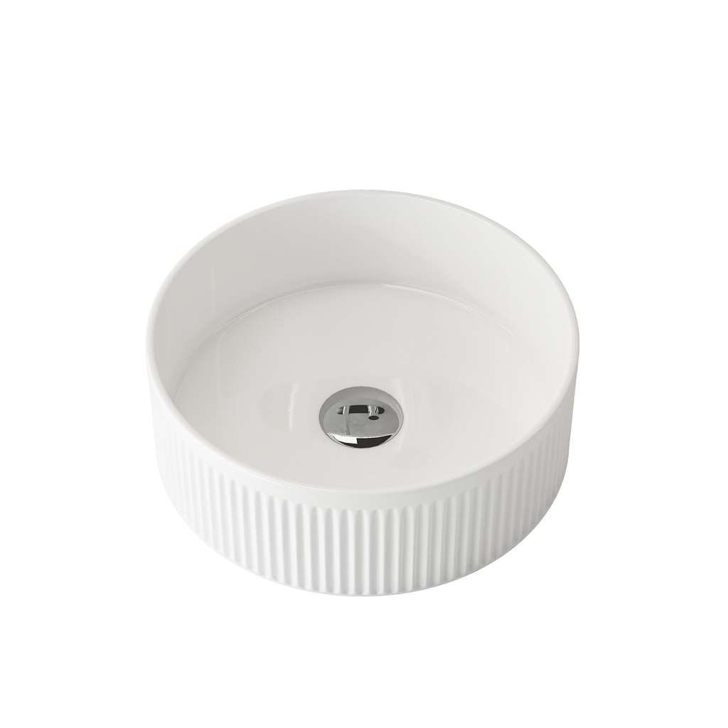 [90191/ACF370R] 370x370x130mm Round Fluted Gloss White Ceramic Art Basin Above Counter Basin