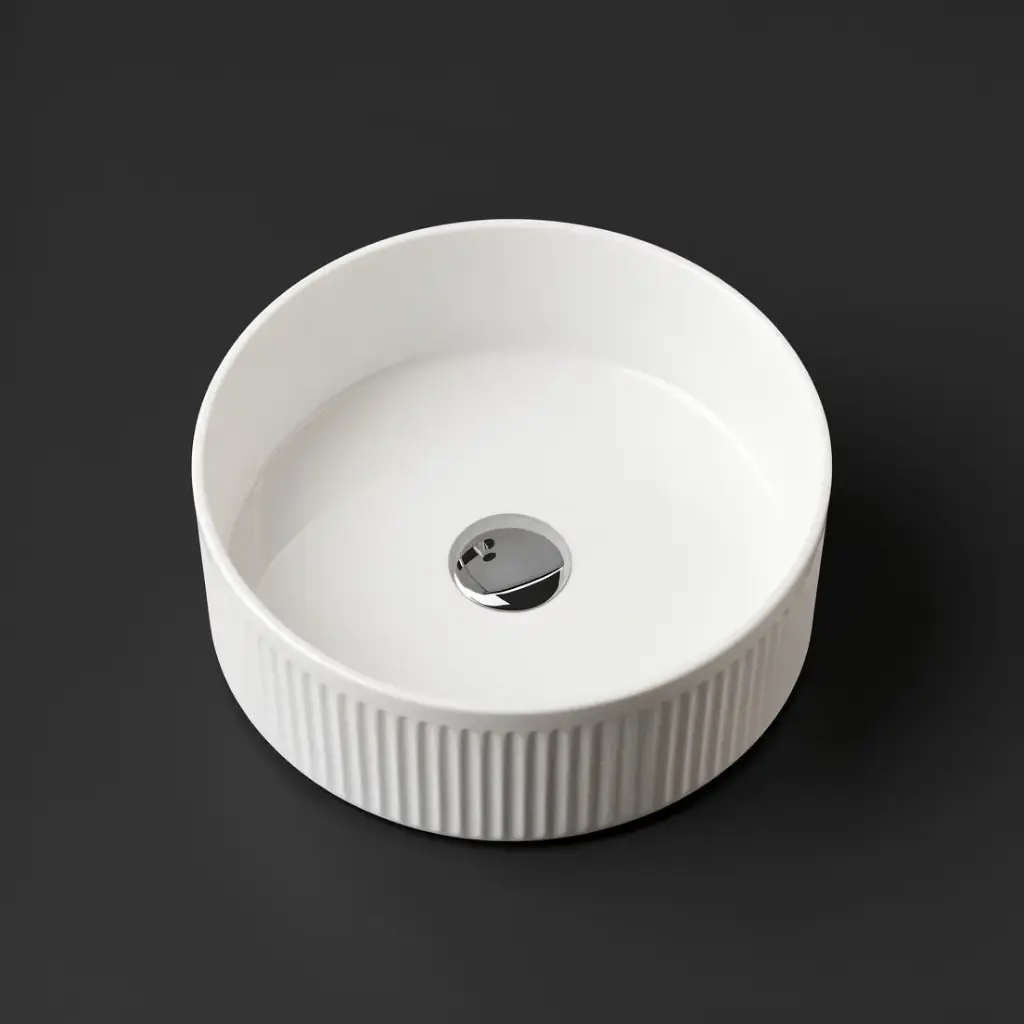 [90191/ACF370R] 370x370x130mm Round Fluted Gloss White Ceramic Art Basin Above Counter Basin