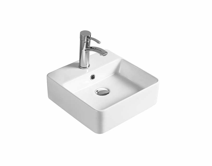 [55495] 385*385*125mm Gloss White Crete Fine Ceramic Wall Hung /Above Basin Tap Hole With Overflow,32mm Waste