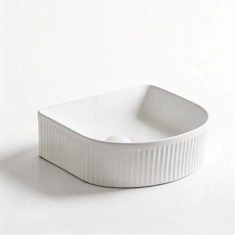 [55415] 400*350*130mm Matt White Arco Flueted Fine Ceramic Above Counter Basin No Overflow 32mm Waste