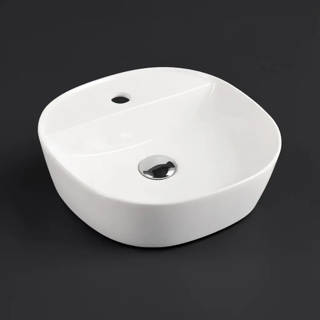 [90134/AC4040S-TH] 400*400*120mm Round Gloss White Ceramic Above Counter Basin With Tap Hole Non-overflow