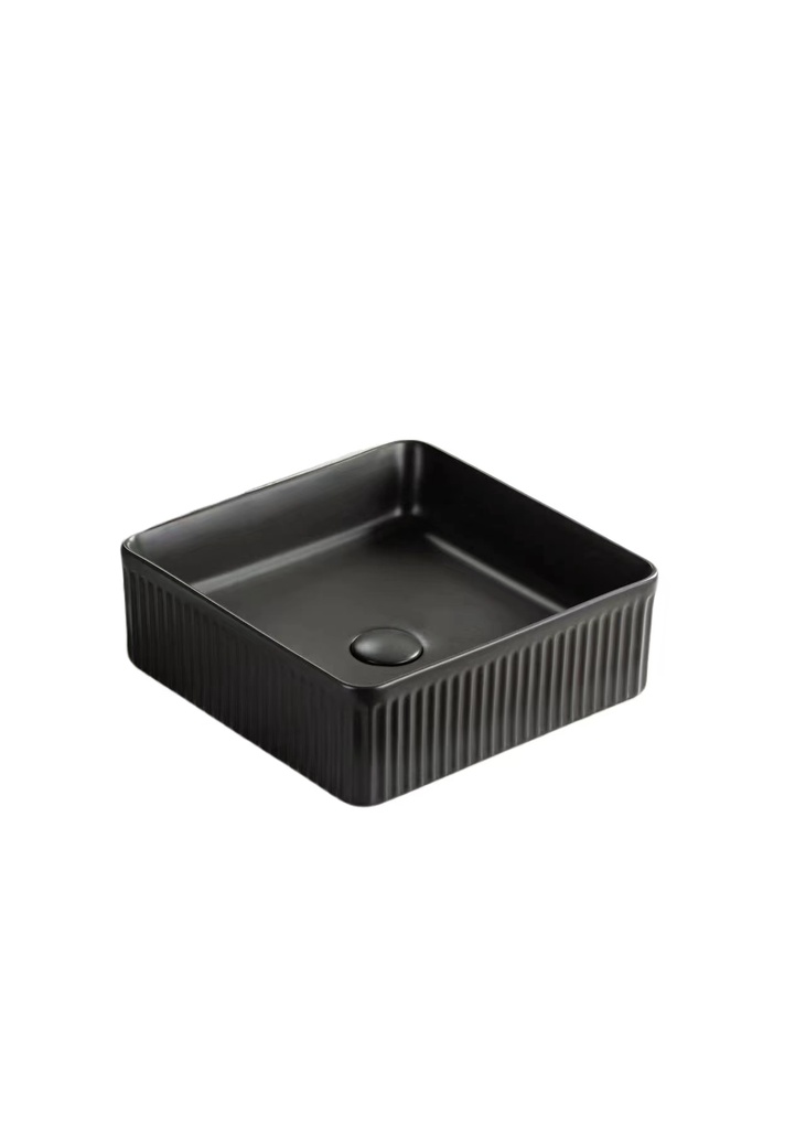 [55427] 400*400*130mm Matte Black Crete Flueted Fine Ceramic Above Counter Basin No Overflow 32mm Waste