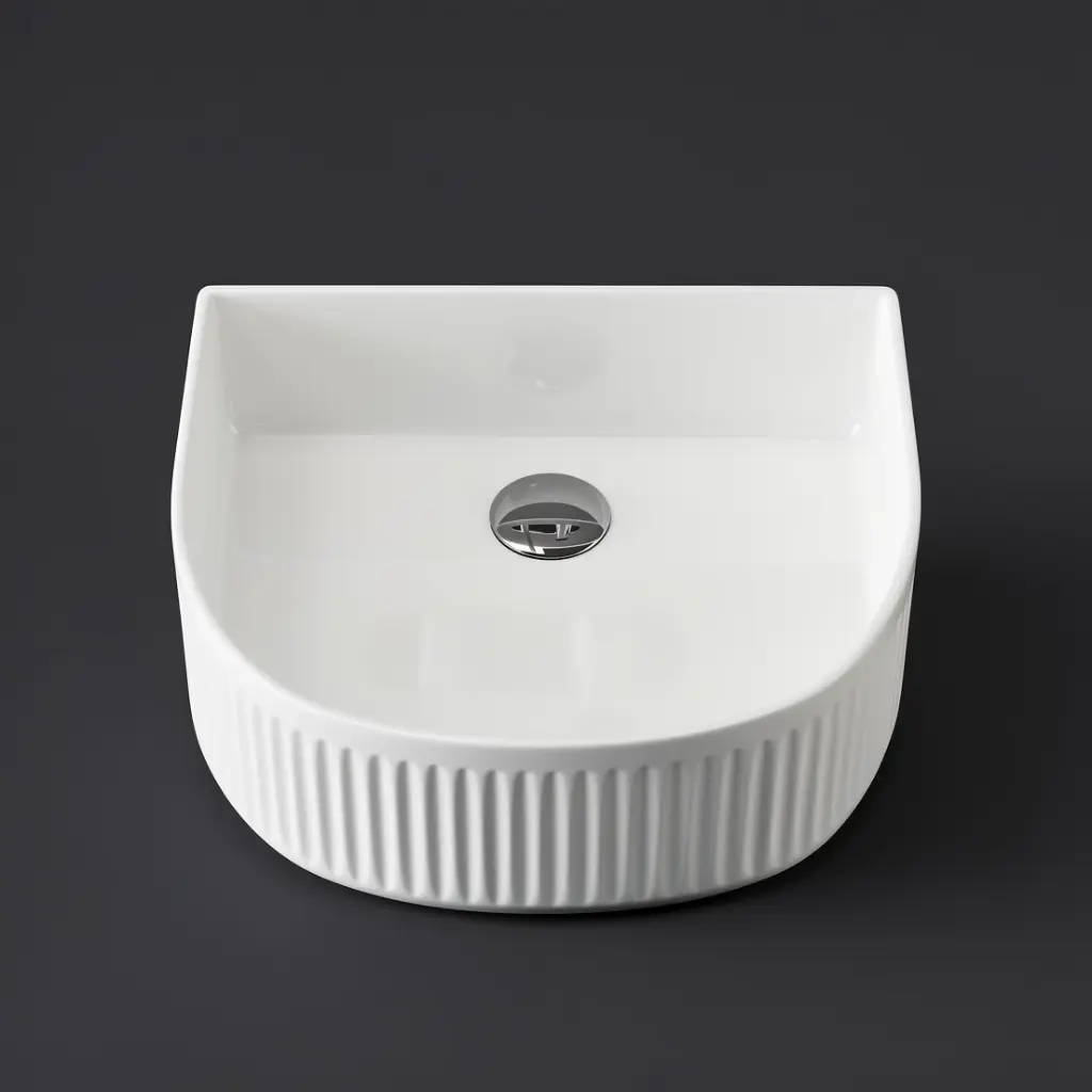 [90194/ACF400A] 400x350x130mm Arch Fluted Gloss White Ceramic Art Basin Above Counter Basin