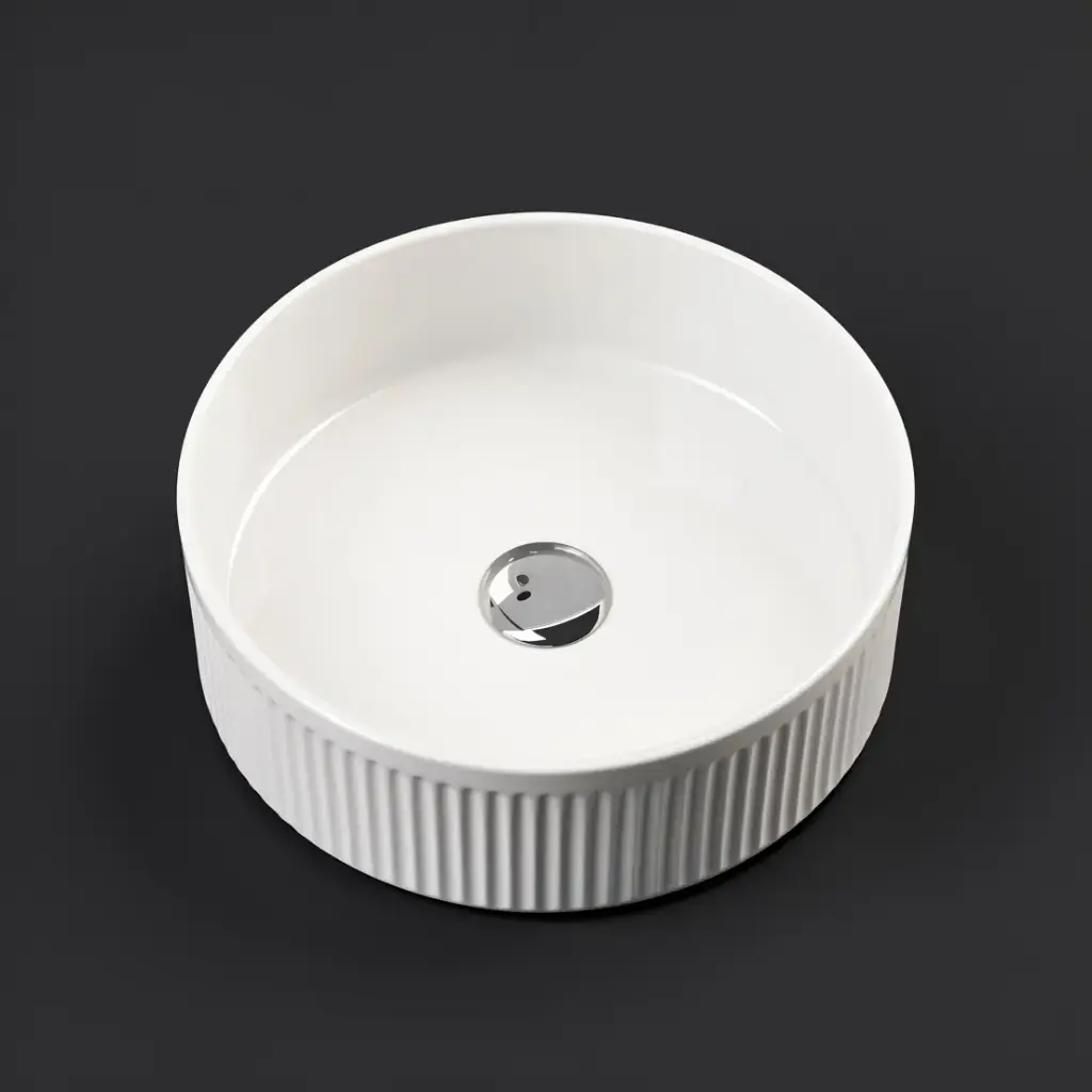 [90192/ACF400R] 400x400x130mm Round Fluted Goss White Ceramic Art Basin Above Counter Basin