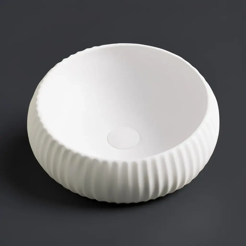 [55489] 410*410*130mm Matte White Oran Fine Ceramic Fluted Art Basin No Overflow,32mm Waste