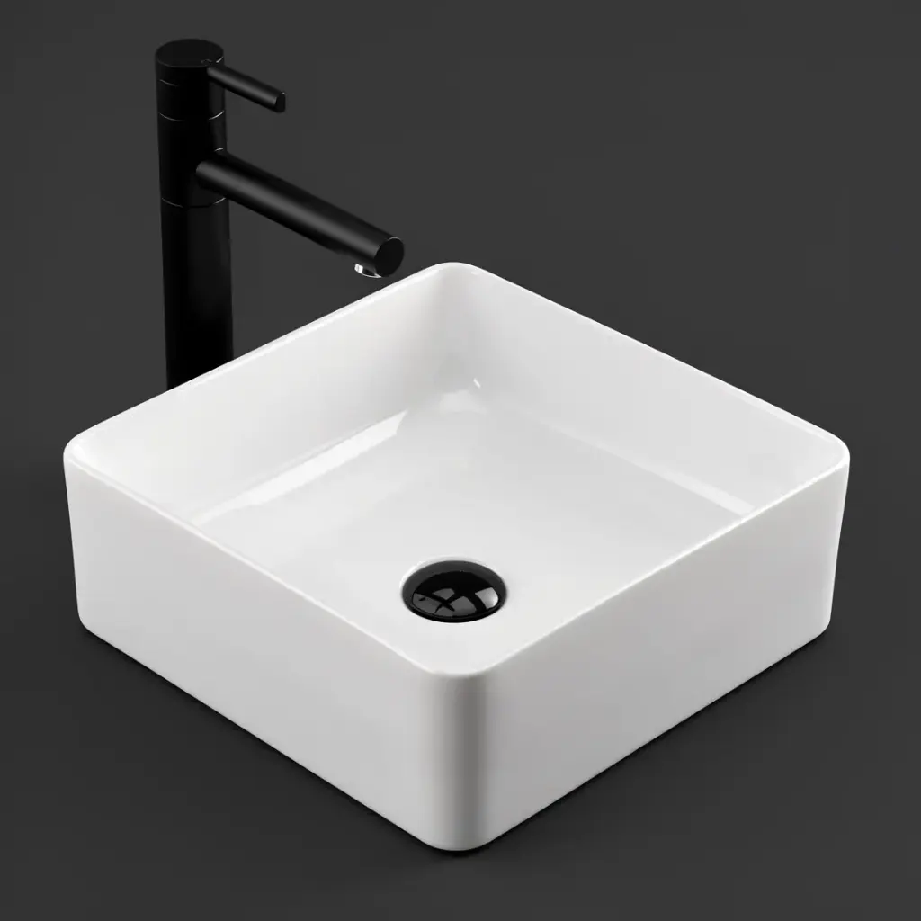 [90135/AC4141S] 410*410*135mm Square Gloss White Ceramic Above Counter Basin Non-overflow