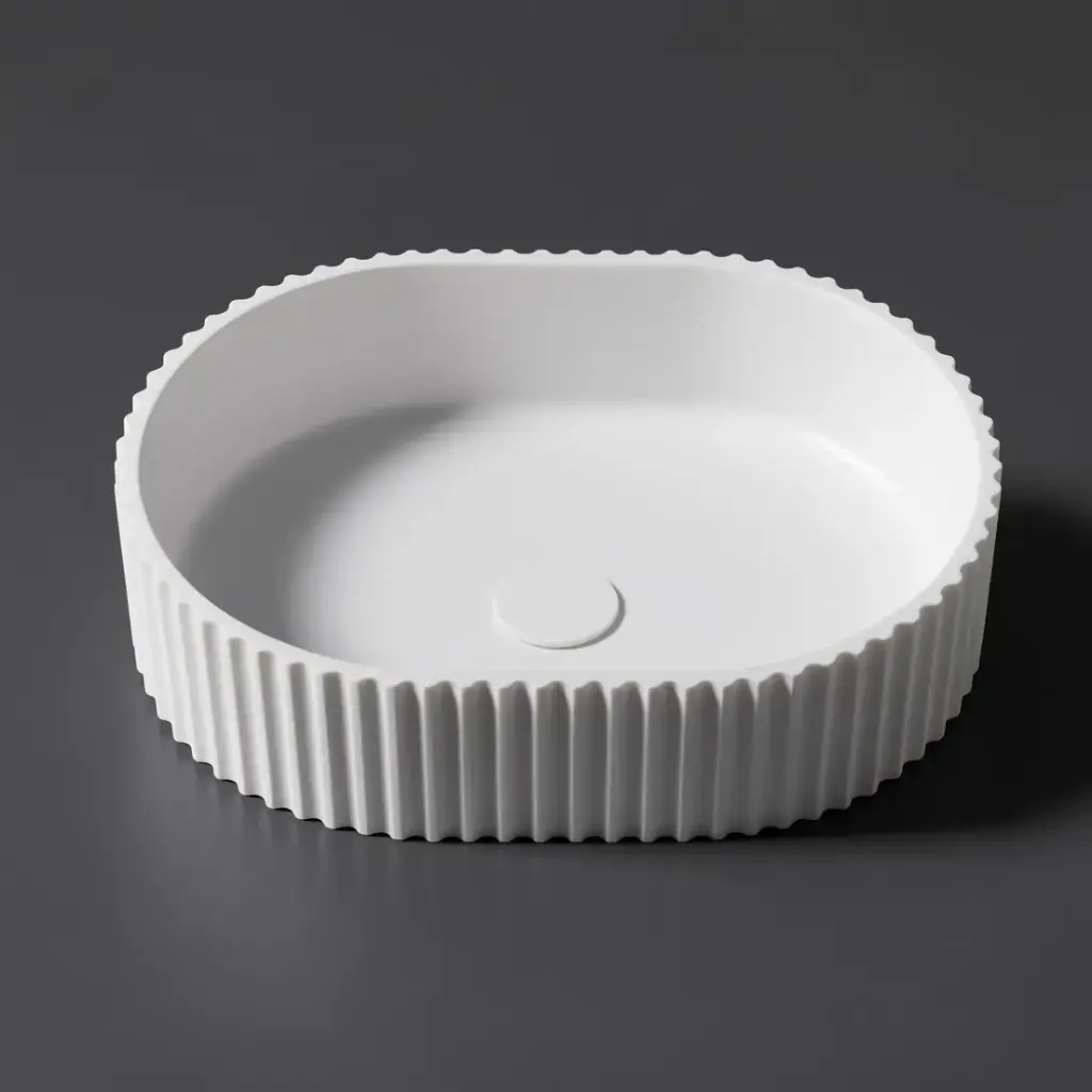 [55400] 480*345*140mm Matt White Ellips Fluted Solid Surface Above Counter Basin 32mm Waste