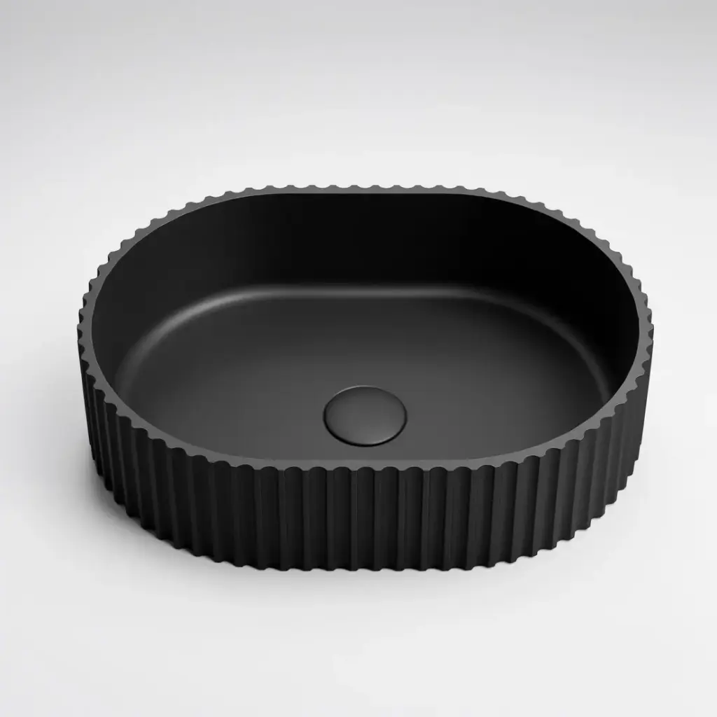 [55402] 480*345*140mm Matte Black Ellips Fluted Solid Surface Above Counter Basin 32mm Waste