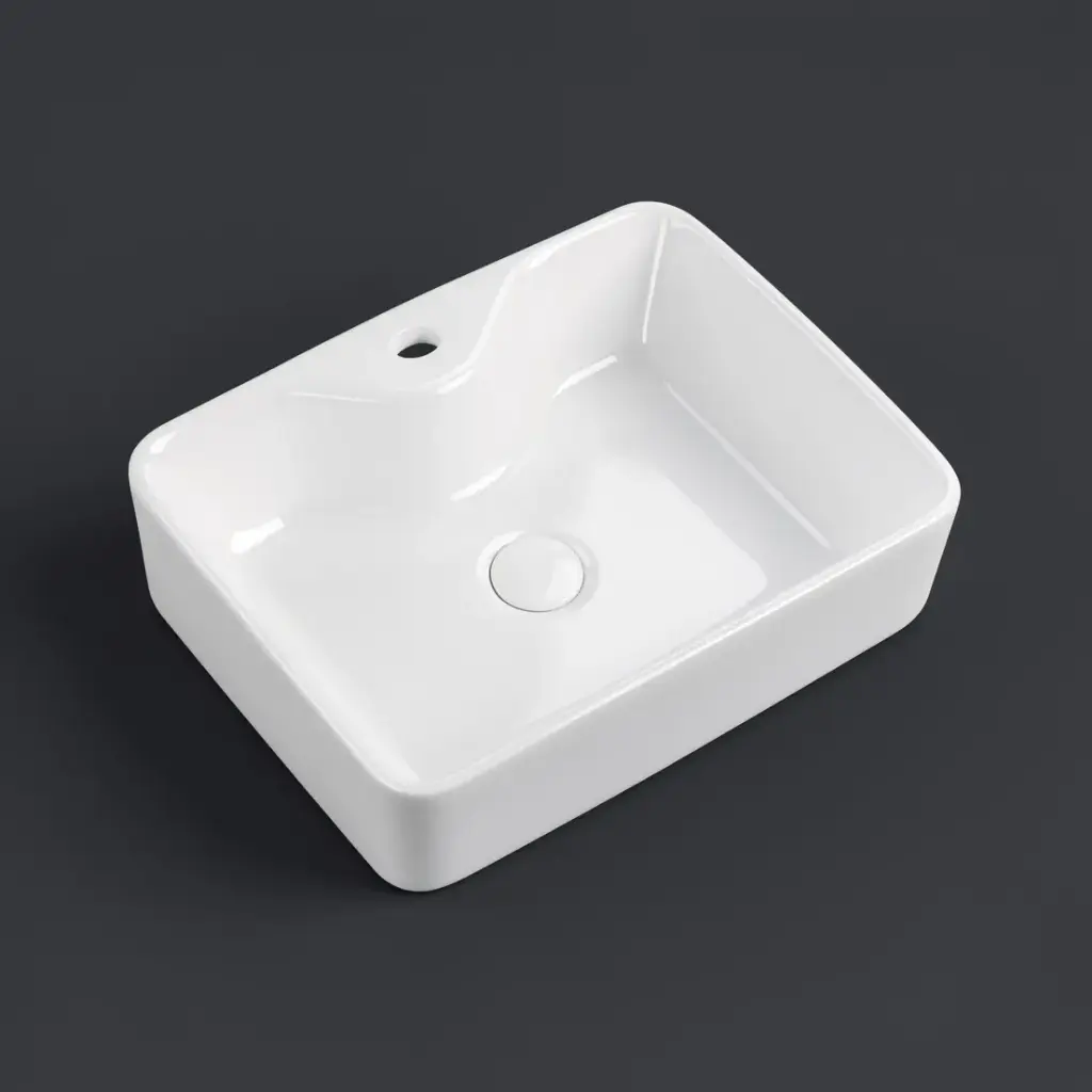 [90124/AC4838S-TH] 485*380*135mm Rectangle Gloss White Ceramic Above Counter Basin With Tap Hole Non-overflow