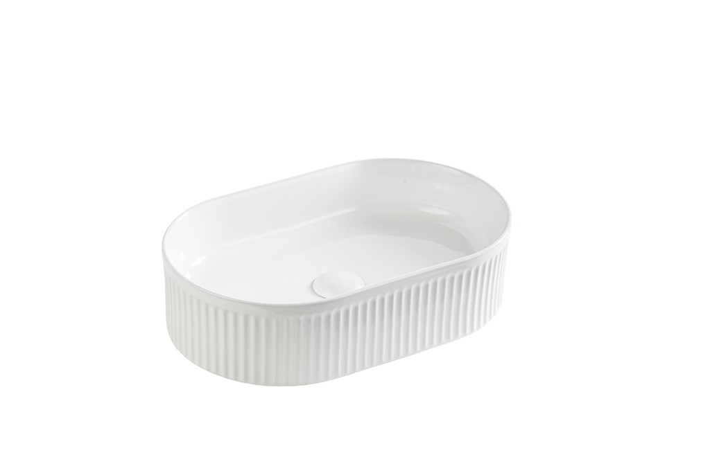 [55432] 490*310*130mm Gloss White Ellips Fluted Fine Ceramic Above Counter Basin No Overflow 32mm Waste