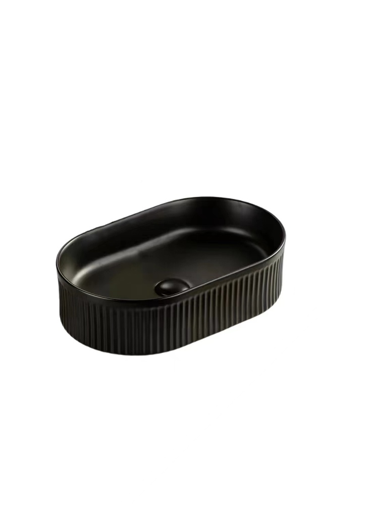 [55433] 490*310*130mm Matte Balck Ellips Fluted Fine Ceramic Above Counter Basin No Overflow 32mm Waste