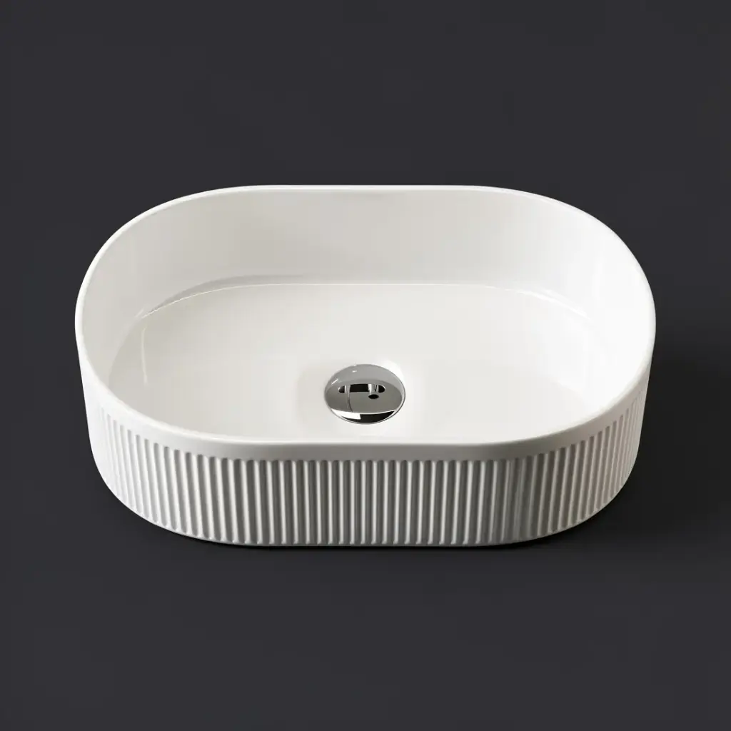[90193/ACF490P] 490x310x130mm Pill Fluted Gloss White Ceramic Art Basin Above Counter Basin