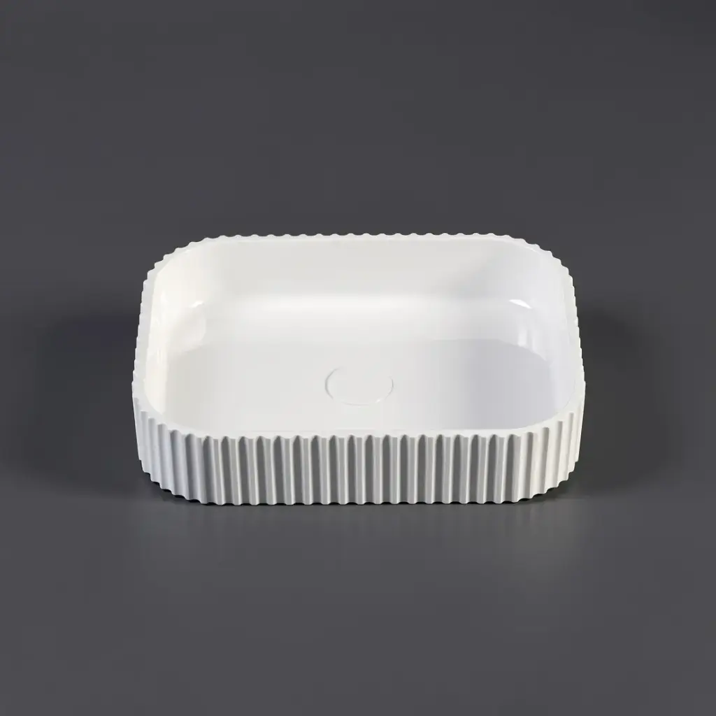 [55407] 500*350*120mm Gloss White Japserfluted Solid Surface Above Counter Basin 32mm Waste