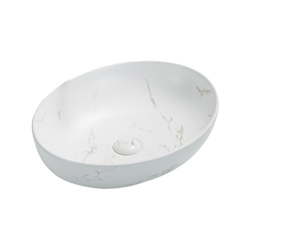 [55423] 520*395*130mm Matt Carrara White Carey Fine Ceramic Above Counter Basin No Overflow,32mm Waste