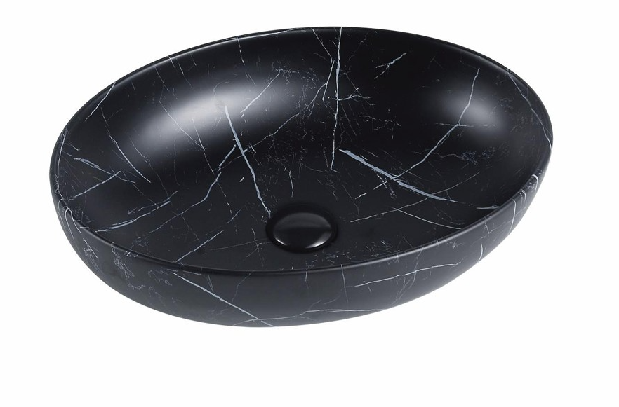 [55421] 520*395*130mm Matt Marble Black Carey Fine Ceramic Above Counter Basin No Overflow,32mm Waste