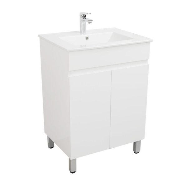 [50518] 600*450*710mm Freestangding Gloss White PVC Vanity With Ceramic Top
