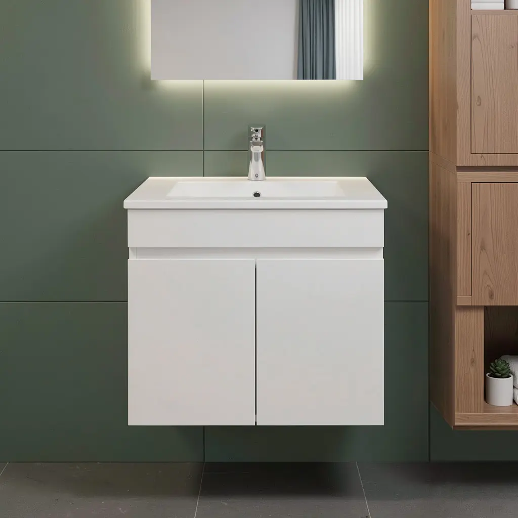 [91001/M63W] 600Lx500Hx350Dmm Gloss White 2PAC MDF 2/DR Wall Hung Vanity