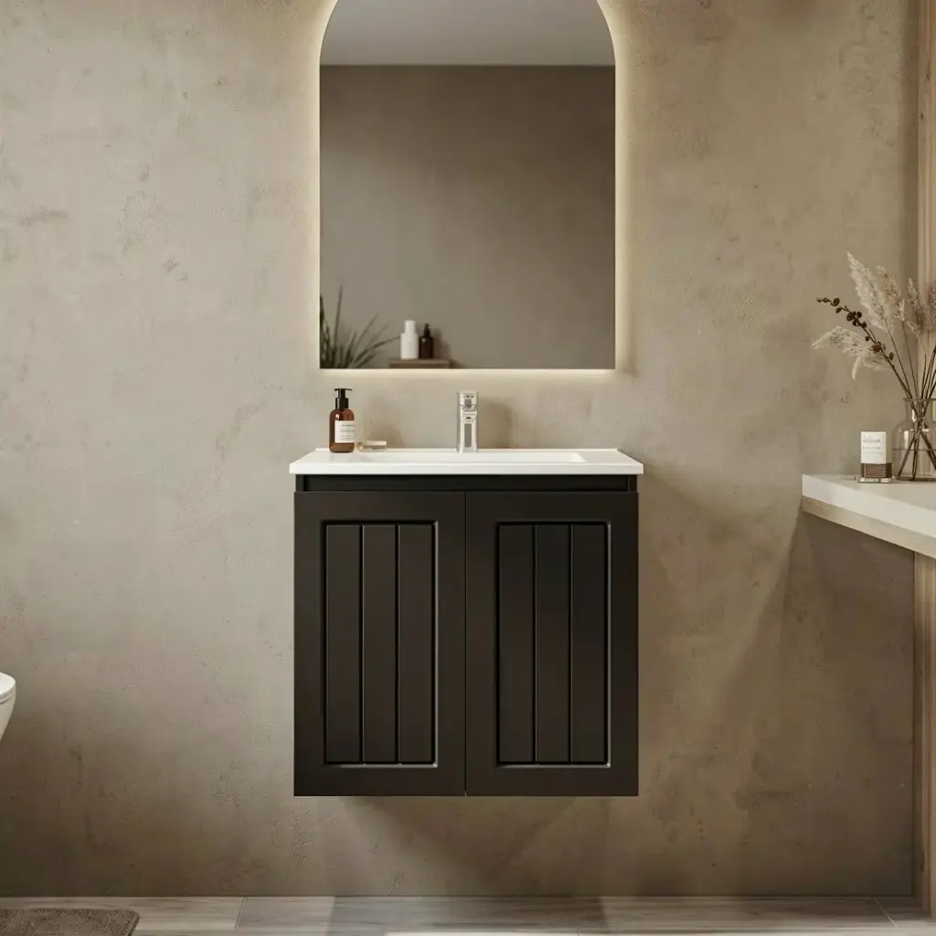 [91090/AM64W-MB] 600Lx550Hx460Dmm Amber Matte Black 2PAC MDF 2/DR Wall Hung Vanity