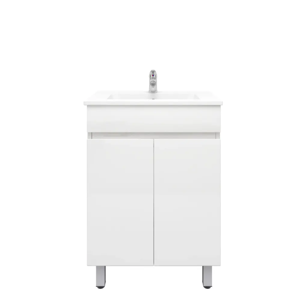 600Lx830Hx350Dmm Gloss White 2PAC PVC 2/DR Freestanding Vanity