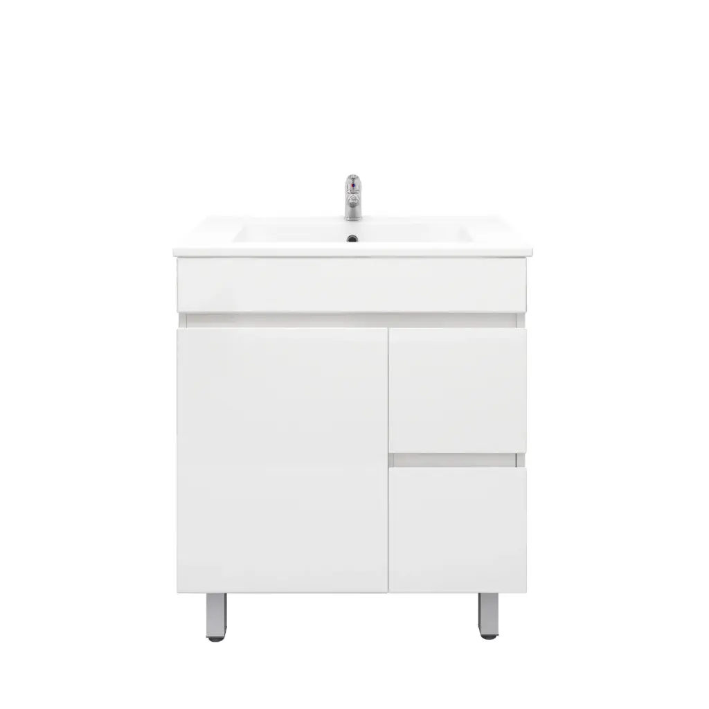 [92007/PVC73LR] 750Lx830Hx350Dmm Gloss White 2PAC PVC 2R/DW 1L/DR Freestanding Vanity