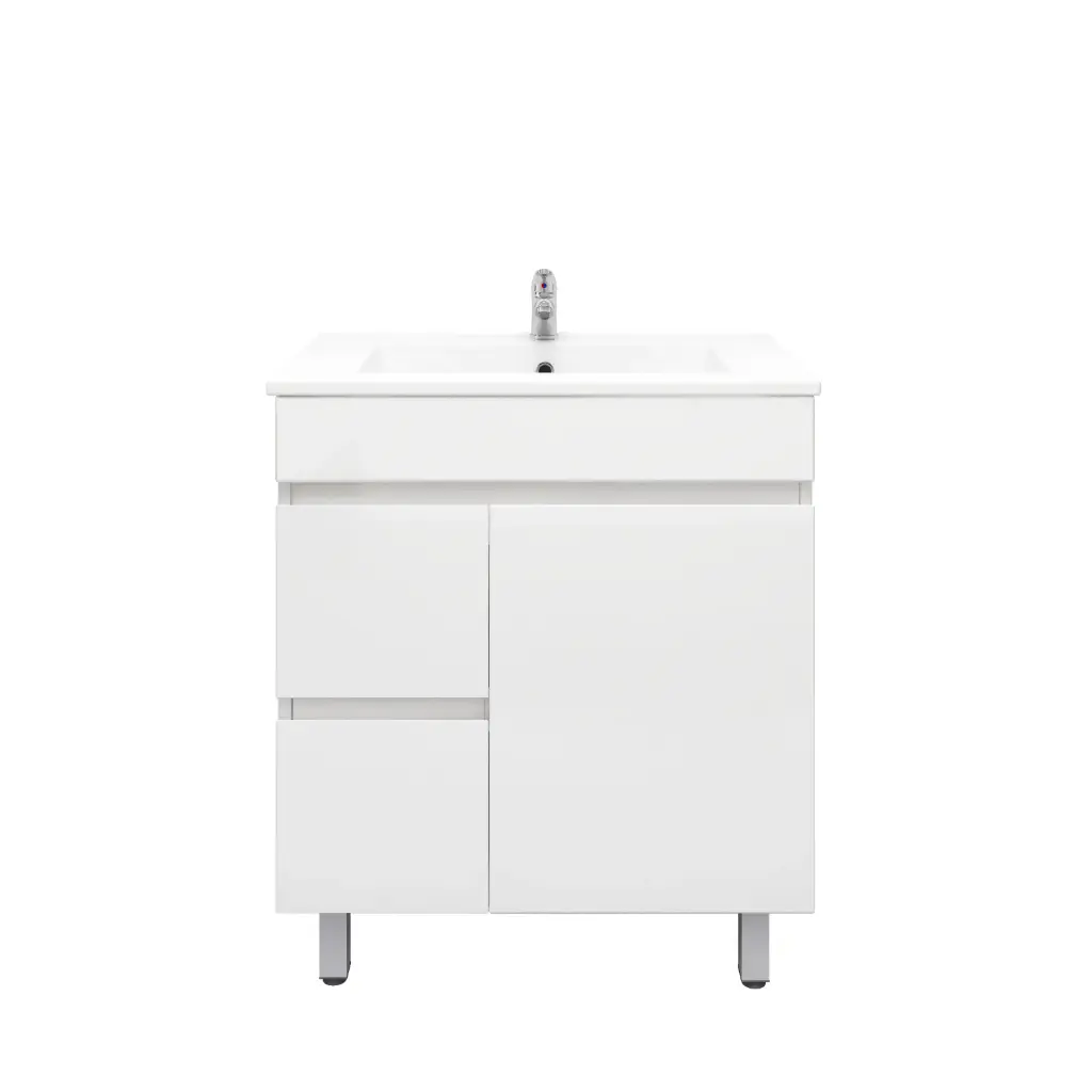 [92010/PVC74LL] 750Lx830Hx450Dmm Gloss White 2PAC PVC 2L/DW 1R/DR Freestanding Vanity