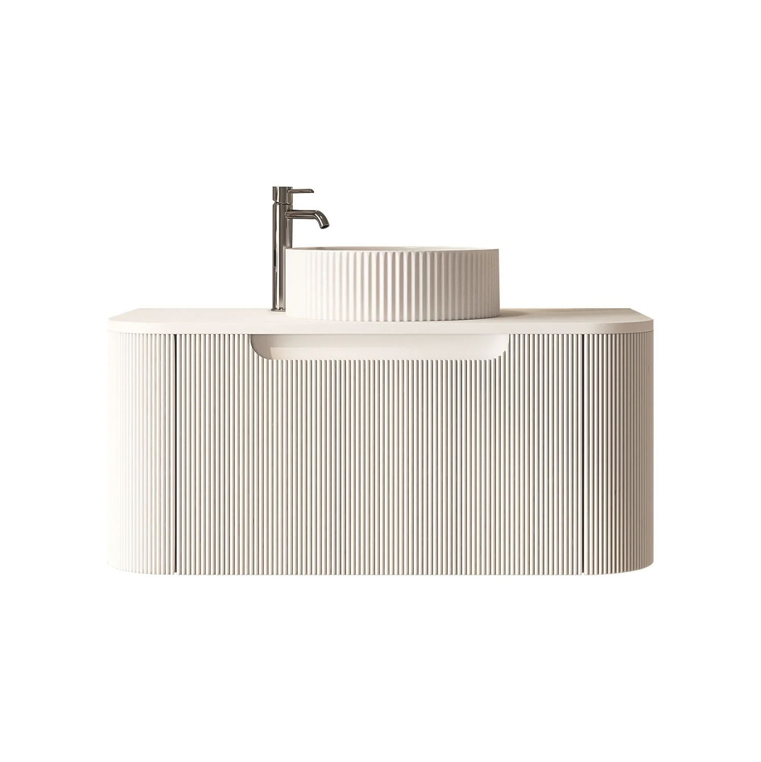 [50782] 750x460x400mm Rome Matt White Round Edge Grooved Wall Hung MDF Vanity With White Quartz Stone Top One Soft Closing Drawer