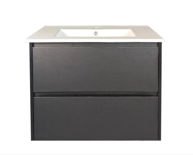 [50759] 750x460x560mm Hera Black Oak Wall Hung MDF Vanity With Black Stone Top Two Soft Closing Drawers