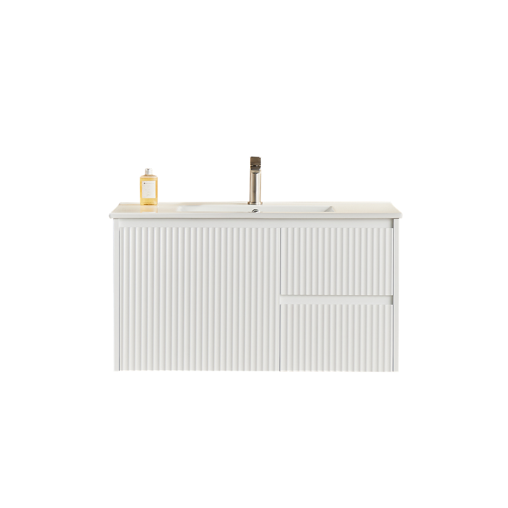 [56602] 890X455X480mm Matte White Crete Modern Fluted Wall Hung Vanity PVC Cabinet,Right Hand Drawers