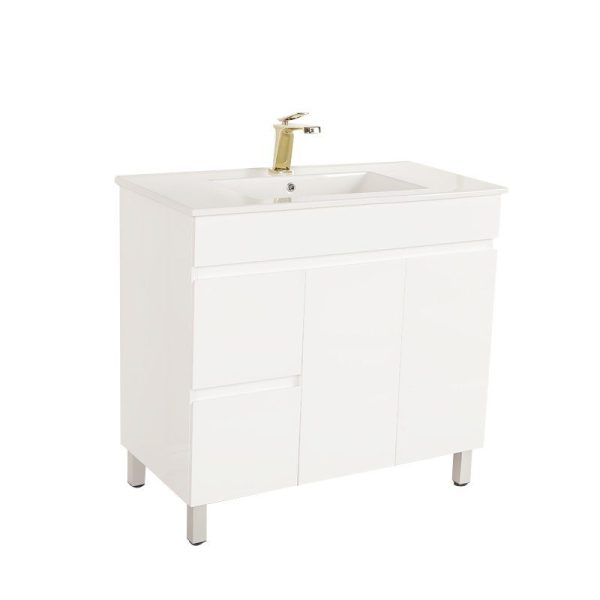 [50524] 900*450*710mm Freestangding Gloss White PVC Vanity Left Drawer With Ceramic Top