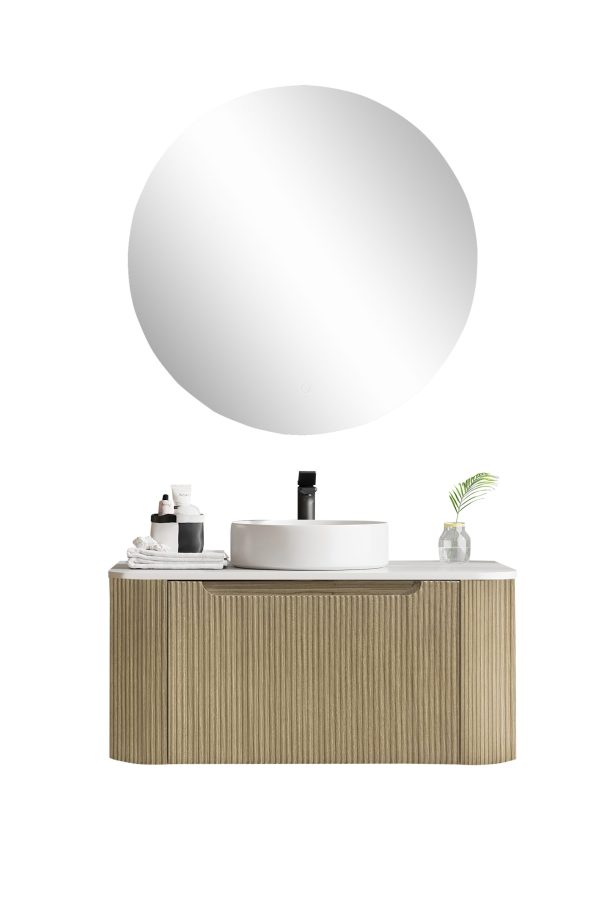 [50425] 900*460*400mm Bur Oak Round Edge Grooved Wall Hung Vanity Cabinet Only Soft Closed Single Drawer