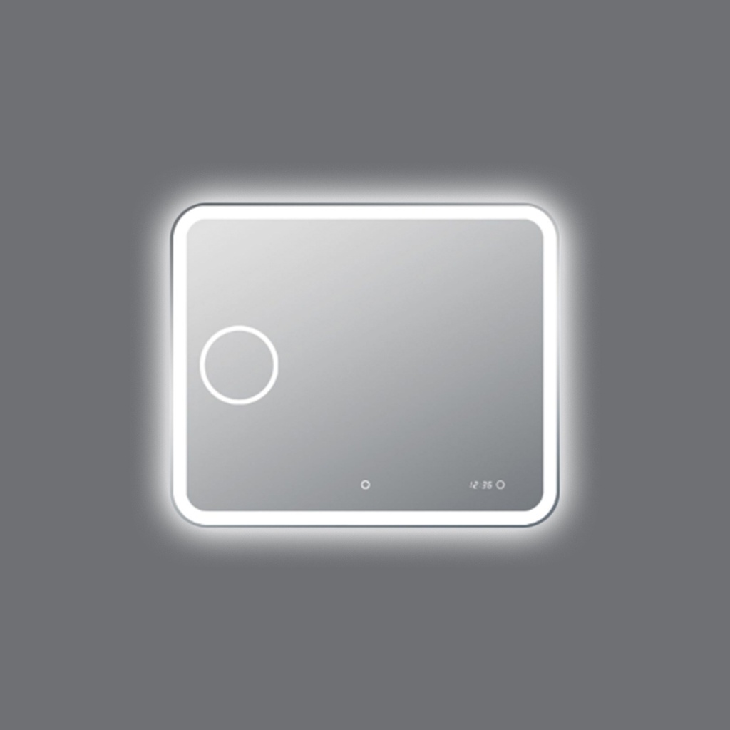[41233] 900*750mm Curved Rim Rectangle 3 Color Lighting Backlit Acrylic LED Mirror Magnifier Touch Sensor Switch Defogger Pad Wall Mounted Digital Clock with Temperature