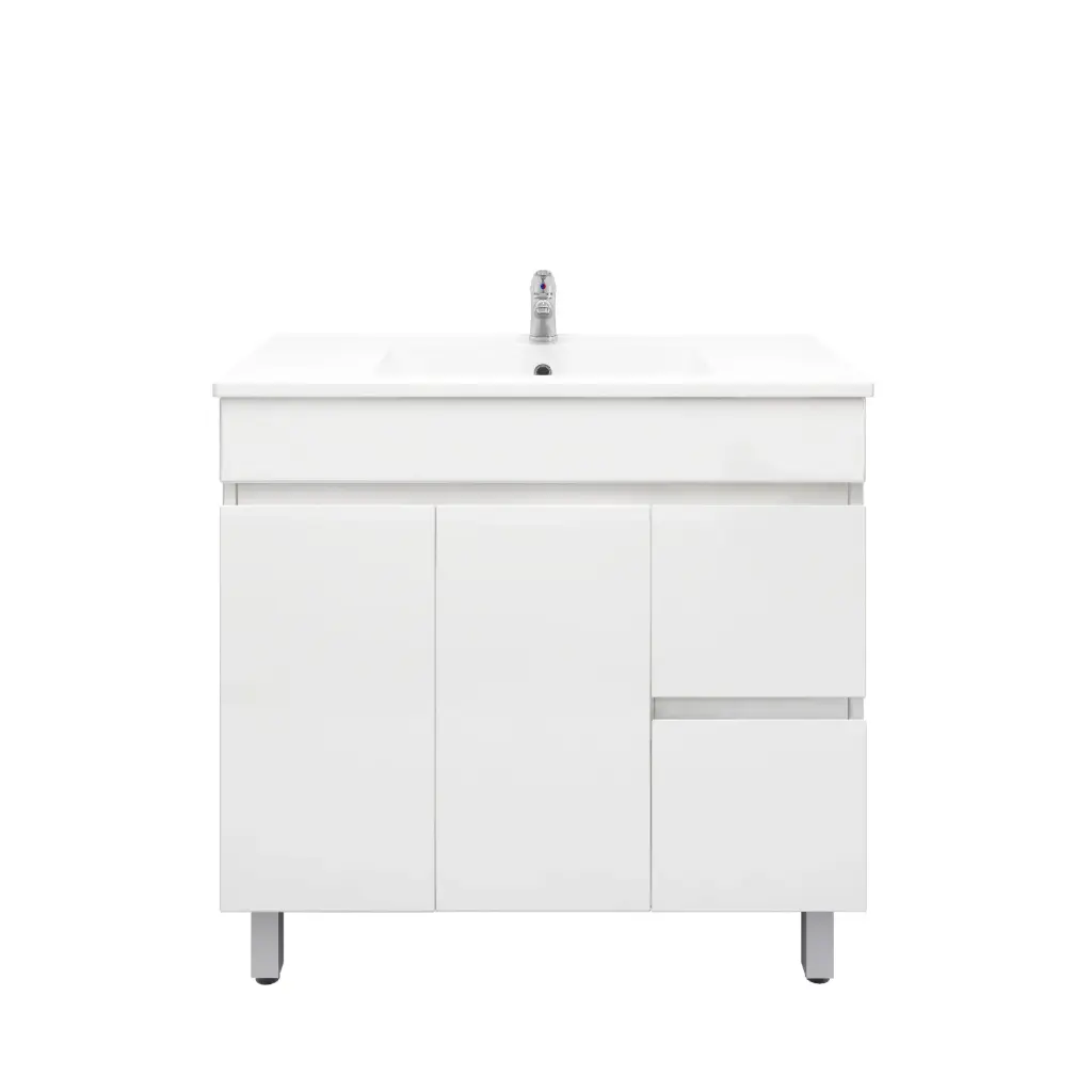 [92019/PVC94LR] 900Lx830Hx450Dmm Gloss White 2PAC PVC 2R/DW 2L/DR Freestanding Vanity