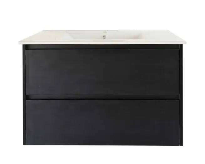 [50767] 900x460x560mm Hera Black Oak Wall Hung MDF Vanity With Luna White Stone Top Two Soft Closing Drawers