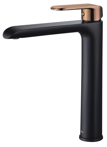 [43300] Kara Matt Black Highrise Basin Mixer With Rose Gold Handle Lead Free
