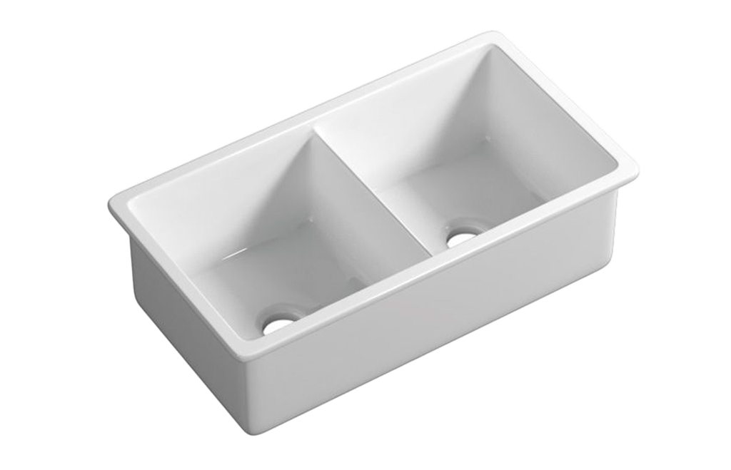 [56039] Size:813*483*254mm Gloss White Procida Fine Fireclay Inset/Undermount Sink Double Bowl,Grid And Waste Included
